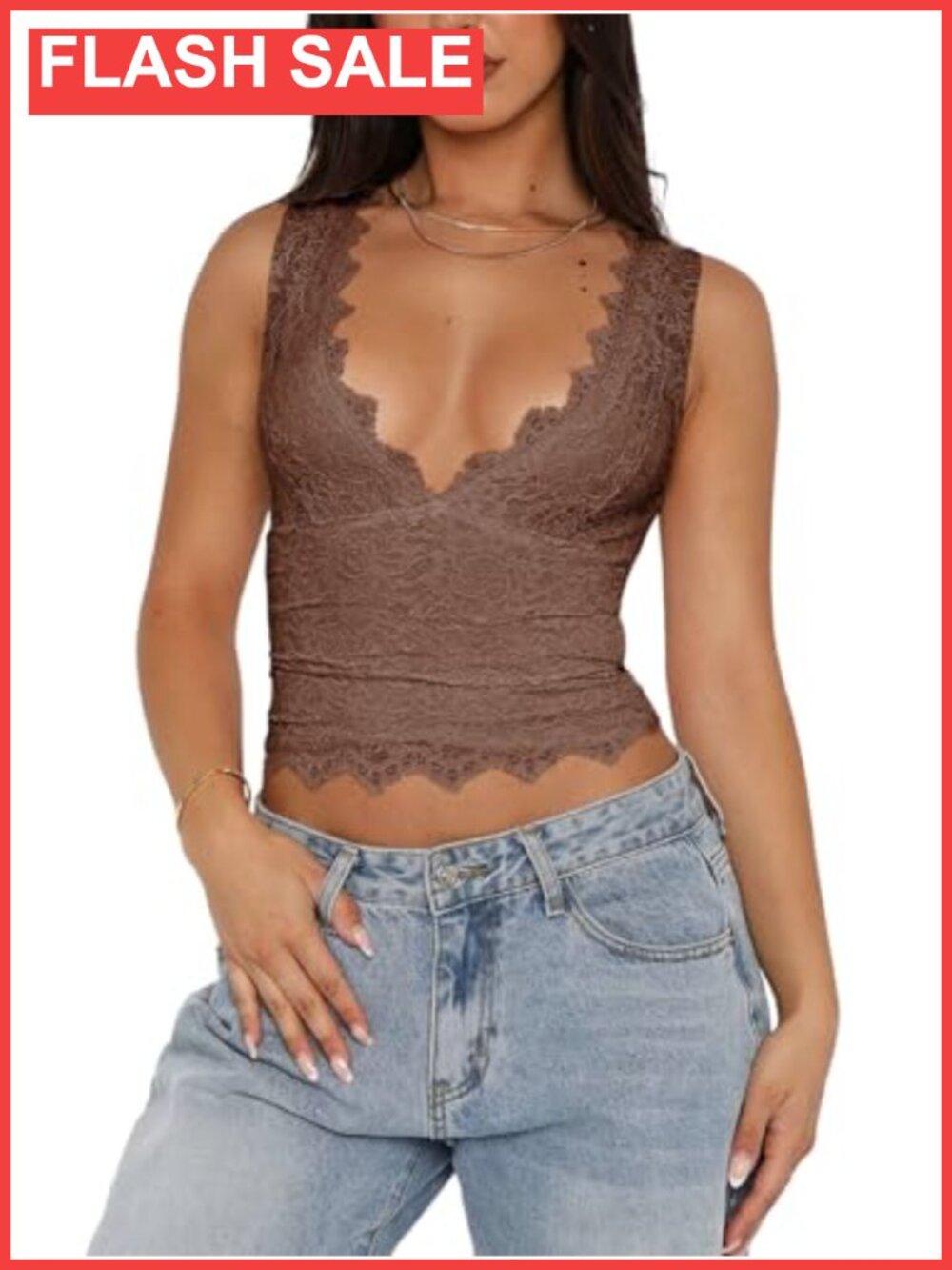 Lace Cropped Tank Top Sleeveless V-Neck Double Lined Y2K Going Out